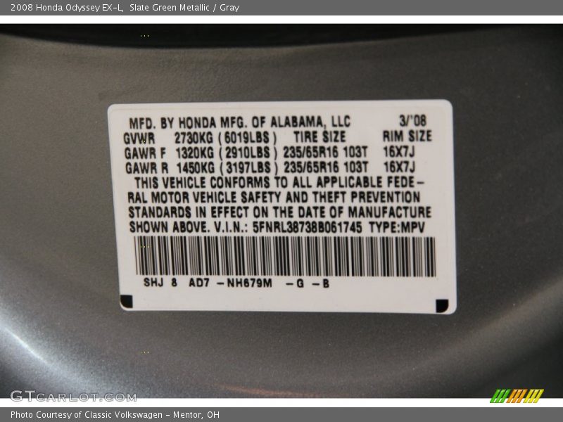 Slate Green Metallic / Gray 2008 Honda Odyssey EX-L