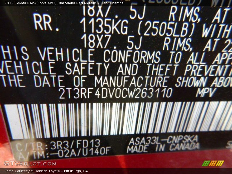 Barcelona Red Metallic / Dark Charcoal 2012 Toyota RAV4 Sport 4WD