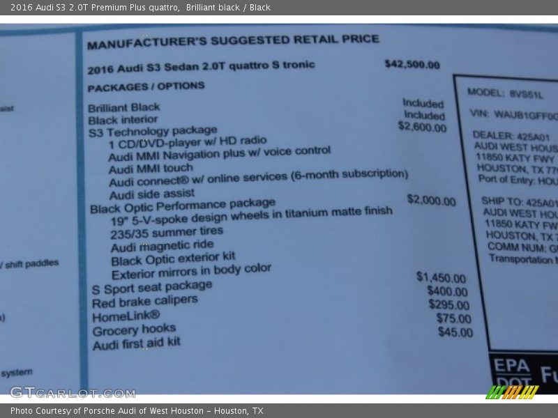  2016 S3 2.0T Premium Plus quattro Window Sticker