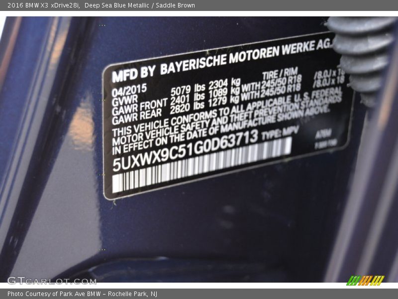 Deep Sea Blue Metallic / Saddle Brown 2016 BMW X3 xDrive28i