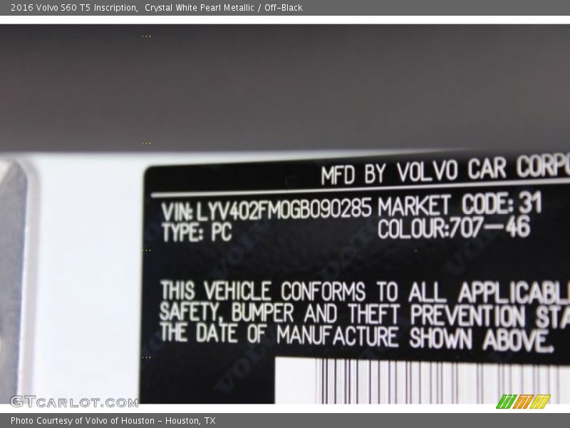 2016 S60 T5 Inscription Crystal White Pearl Metallic Color Code 707