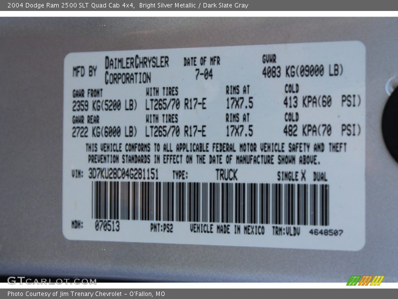 Bright Silver Metallic / Dark Slate Gray 2004 Dodge Ram 2500 SLT Quad Cab 4x4