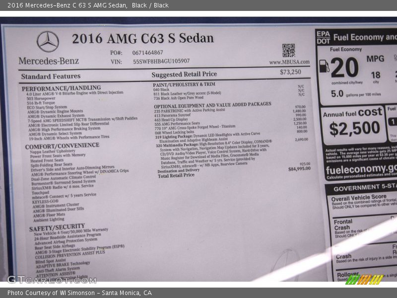  2016 C 63 S AMG Sedan Window Sticker