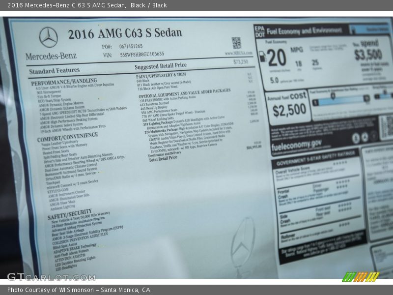  2016 C 63 S AMG Sedan Window Sticker