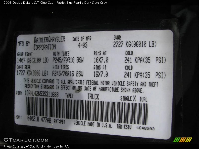 Patriot Blue Pearl / Dark Slate Gray 2003 Dodge Dakota SLT Club Cab