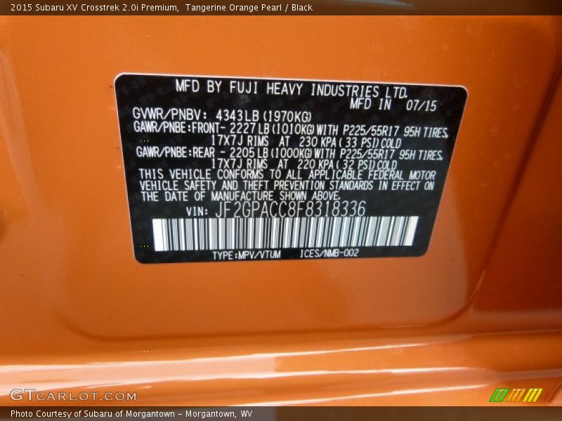 Tangerine Orange Pearl / Black 2015 Subaru XV Crosstrek 2.0i Premium