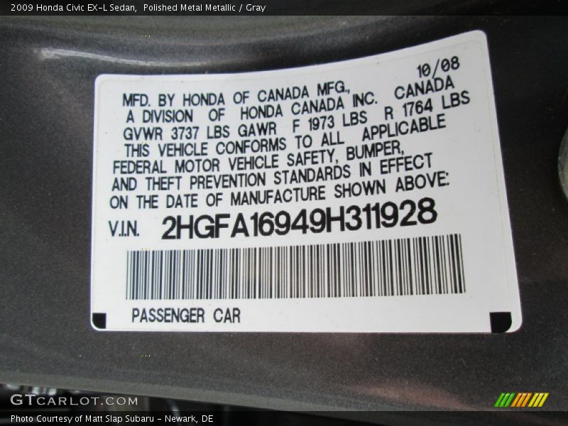 Polished Metal Metallic / Gray 2009 Honda Civic EX-L Sedan