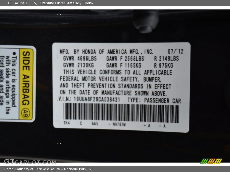 Graphite Luster Metallic / Ebony 2012 Acura TL 3.5