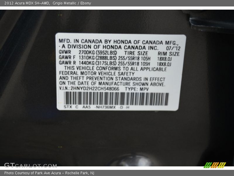 Grigio Metallic / Ebony 2012 Acura MDX SH-AWD