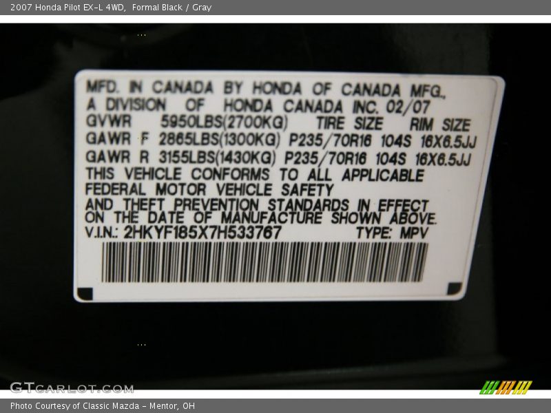 Formal Black / Gray 2007 Honda Pilot EX-L 4WD