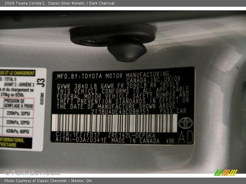 Classic Silver Metallic / Dark Charcoal 2009 Toyota Corolla S