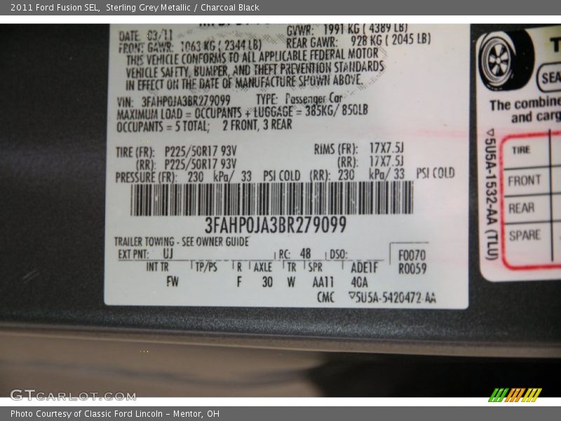 Sterling Grey Metallic / Charcoal Black 2011 Ford Fusion SEL