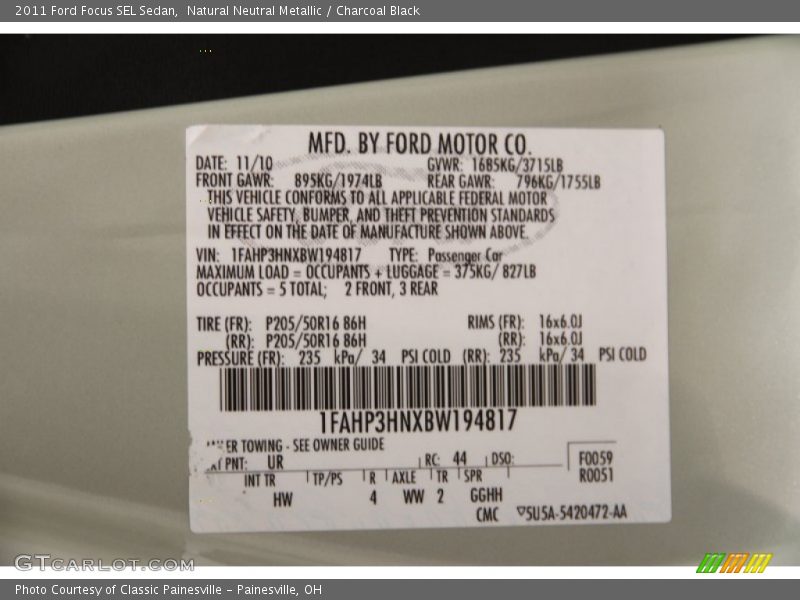 Natural Neutral Metallic / Charcoal Black 2011 Ford Focus SEL Sedan