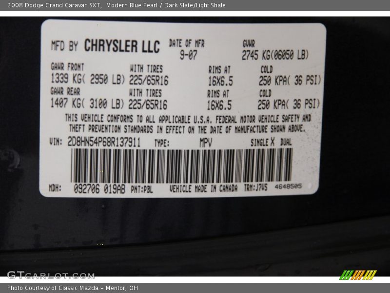 Modern Blue Pearl / Dark Slate/Light Shale 2008 Dodge Grand Caravan SXT