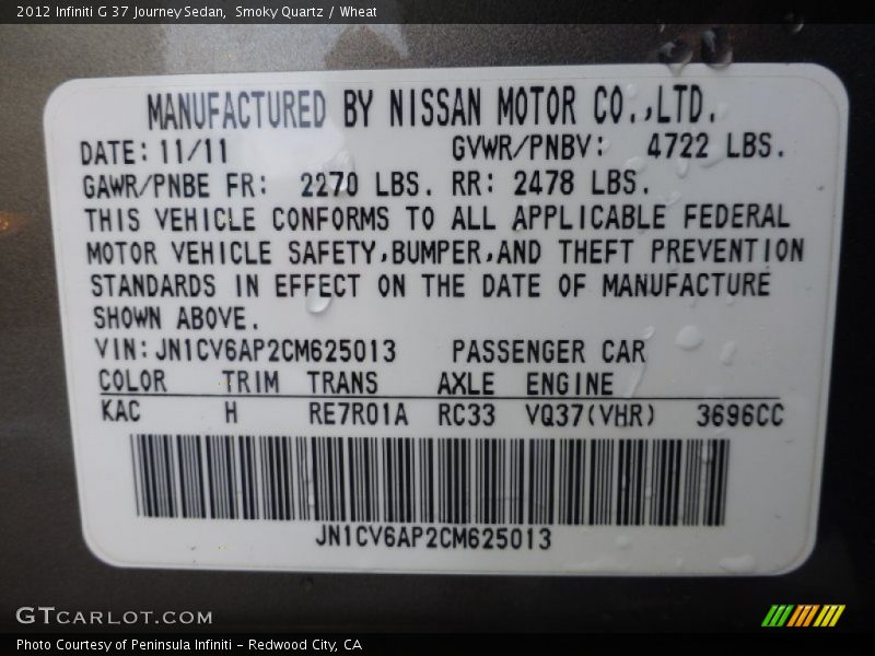 Smoky Quartz / Wheat 2012 Infiniti G 37 Journey Sedan