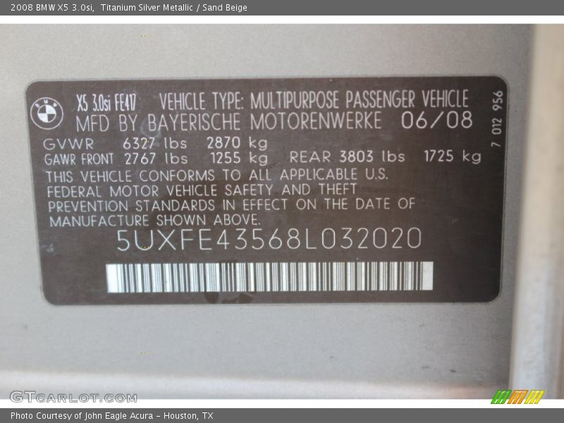 Titanium Silver Metallic / Sand Beige 2008 BMW X5 3.0si