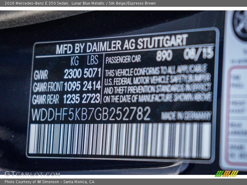 Lunar Blue Metallic / Silk Beige/Espresso Brown 2016 Mercedes-Benz E 350 Sedan