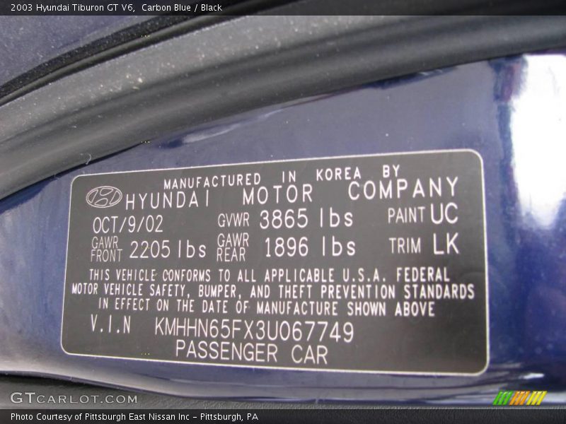 Carbon Blue / Black 2003 Hyundai Tiburon GT V6