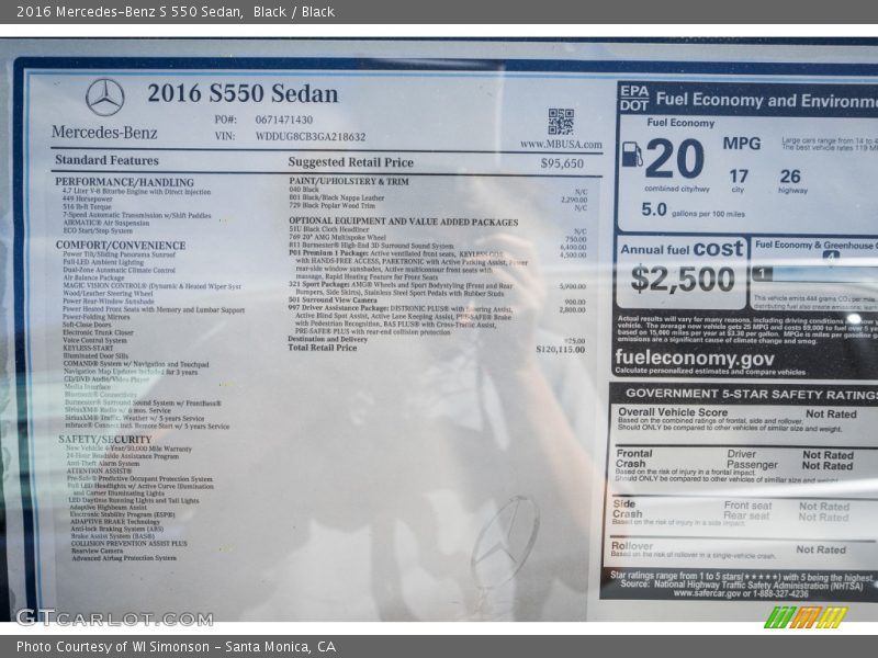  2016 S 550 Sedan Window Sticker
