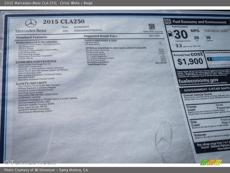 Cirrus White / Beige 2015 Mercedes-Benz CLA 250