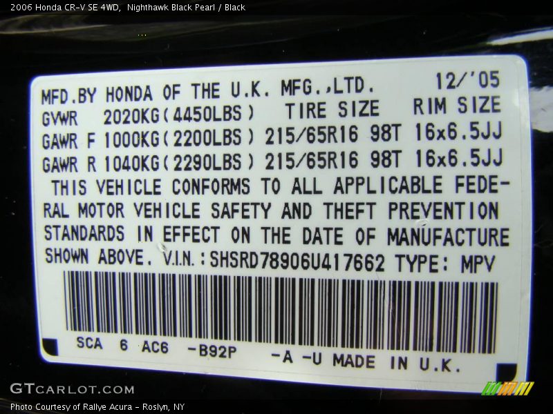 Nighthawk Black Pearl / Black 2006 Honda CR-V SE 4WD