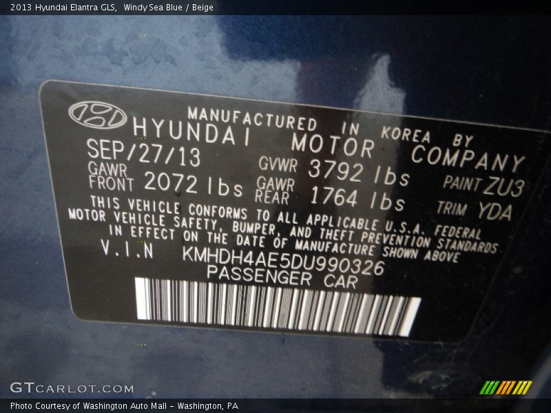 Windy Sea Blue / Beige 2013 Hyundai Elantra GLS
