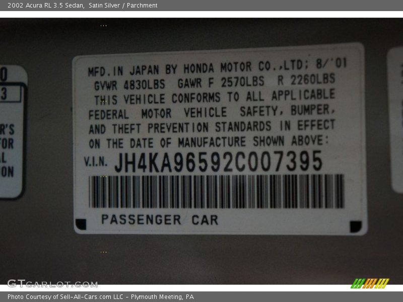 Satin Silver / Parchment 2002 Acura RL 3.5 Sedan