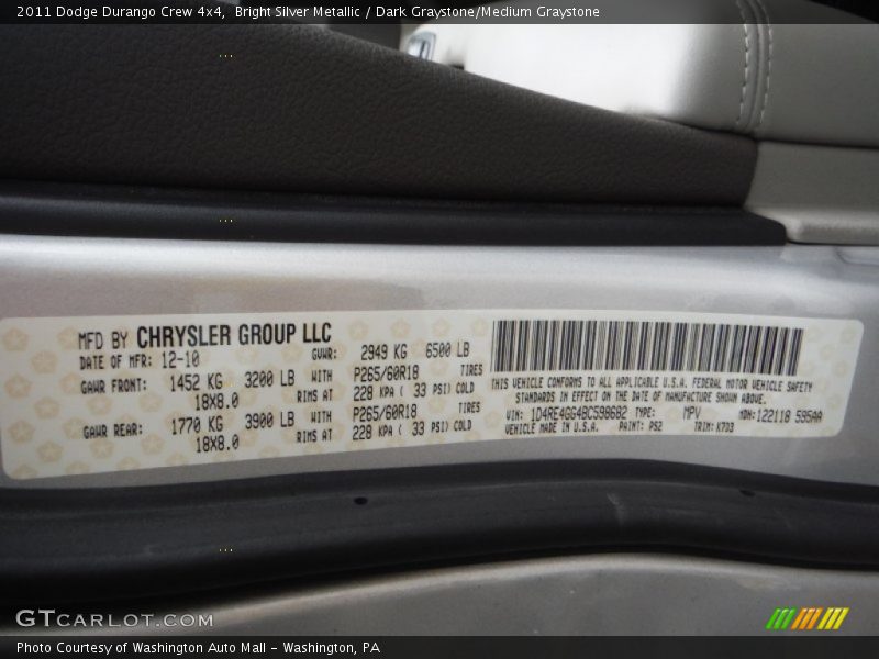Bright Silver Metallic / Dark Graystone/Medium Graystone 2011 Dodge Durango Crew 4x4
