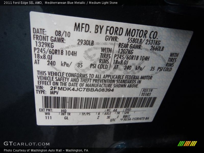 Mediterranean Blue Metallic / Medium Light Stone 2011 Ford Edge SEL AWD