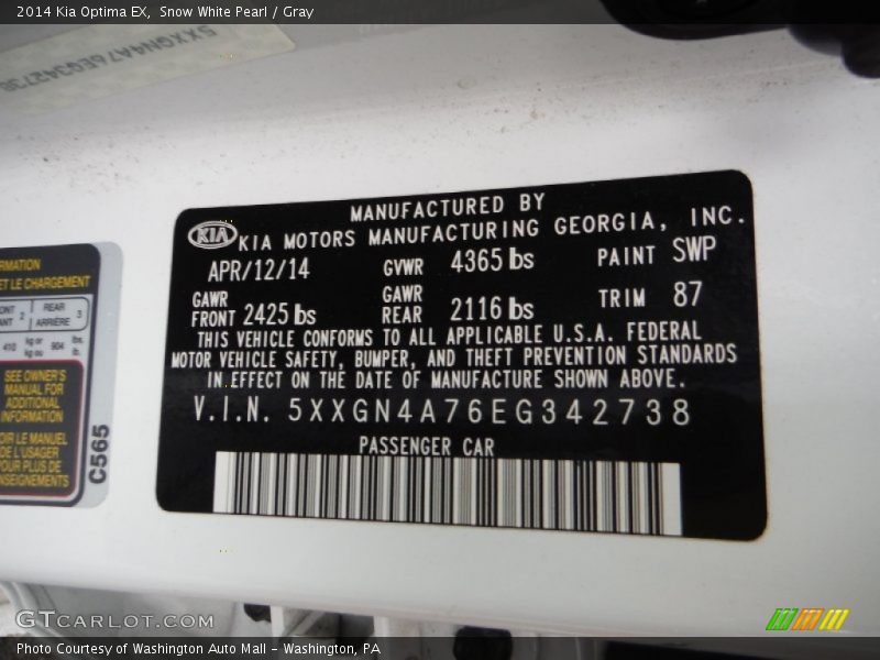 Snow White Pearl / Gray 2014 Kia Optima EX