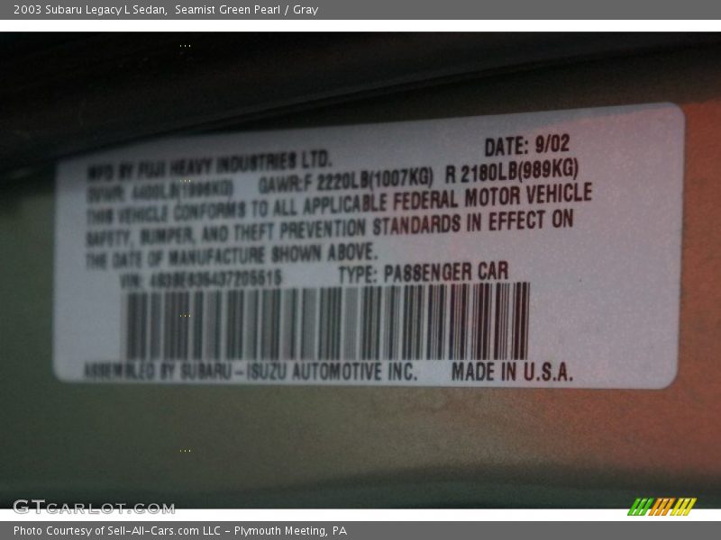 Seamist Green Pearl / Gray 2003 Subaru Legacy L Sedan
