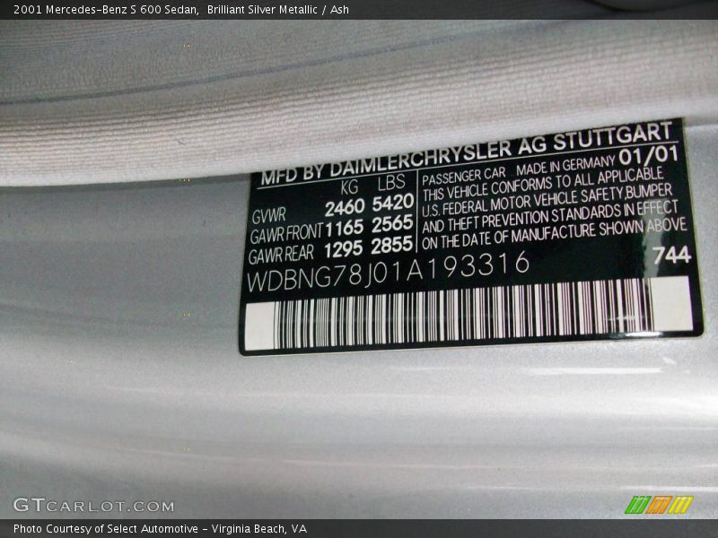 Brilliant Silver Metallic / Ash 2001 Mercedes-Benz S 600 Sedan
