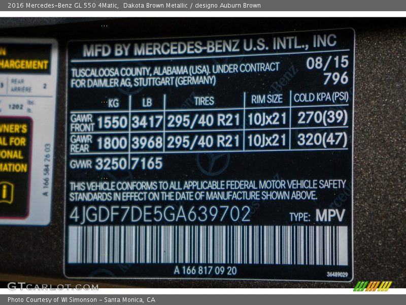 2016 GL 550 4Matic Dakota Brown Metallic Color Code 796