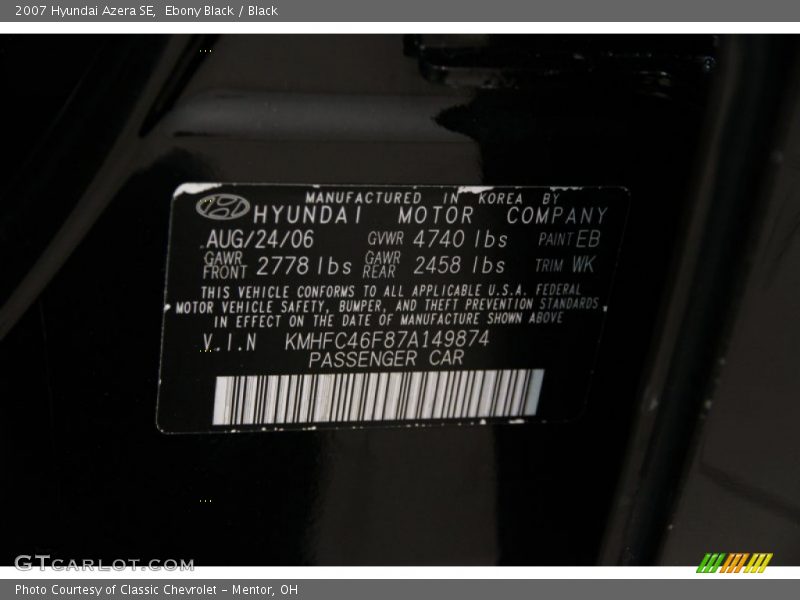 Ebony Black / Black 2007 Hyundai Azera SE