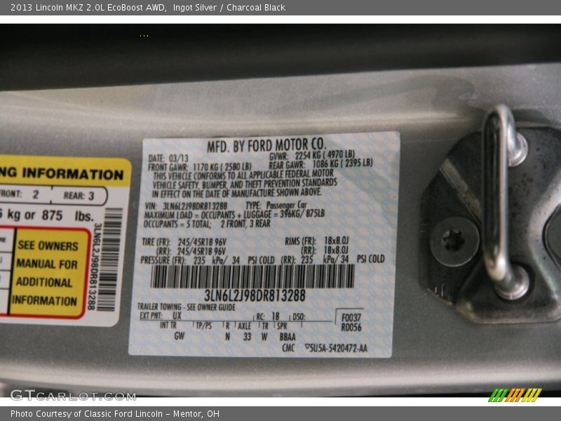 Ingot Silver / Charcoal Black 2013 Lincoln MKZ 2.0L EcoBoost AWD