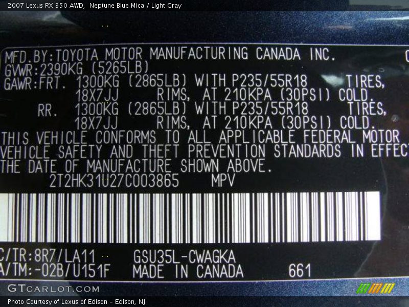 Neptune Blue Mica / Light Gray 2007 Lexus RX 350 AWD