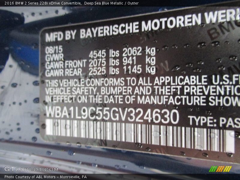 Deep Sea Blue Metallic / Oyster 2016 BMW 2 Series 228i xDrive Convertible