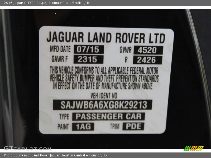 2016 F-TYPE Coupe Ultimate Black Metallic Color Code 1AG