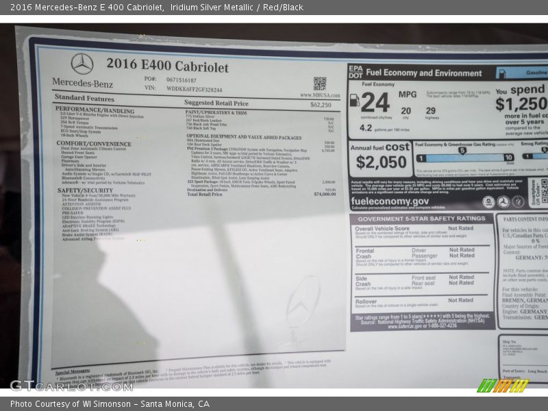  2016 E 400 Cabriolet Window Sticker