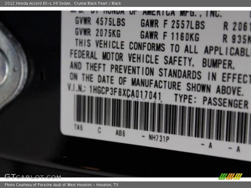 Crystal Black Pearl / Black 2012 Honda Accord EX-L V6 Sedan