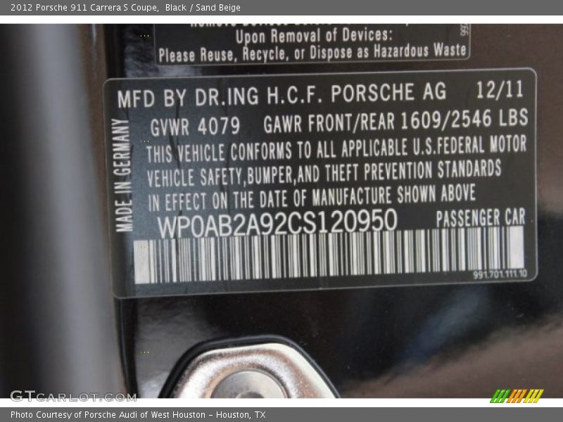Black / Sand Beige 2012 Porsche 911 Carrera S Coupe