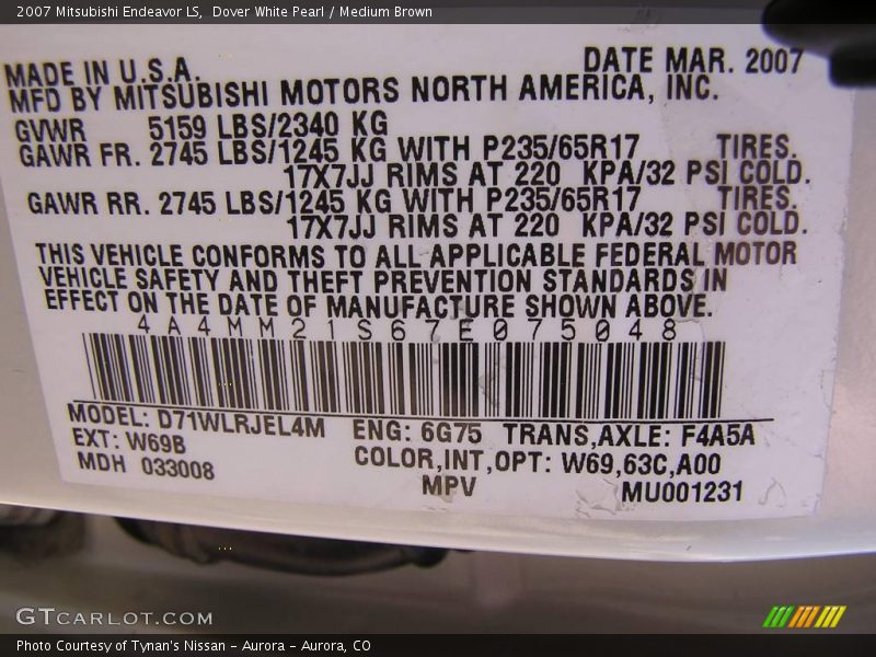 Dover White Pearl / Medium Brown 2007 Mitsubishi Endeavor LS