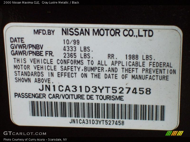 Gray Lustre Metallic / Black 2000 Nissan Maxima GLE