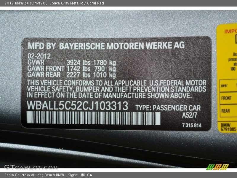 2012 Z4 sDrive28i Space Gray Metallic Color Code A52