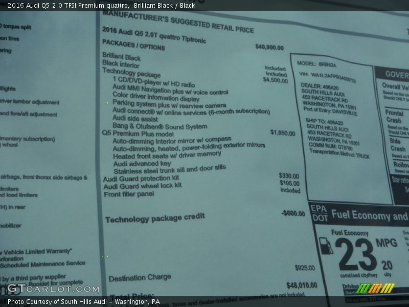  2016 Q5 2.0 TFSI Premium quattro Window Sticker