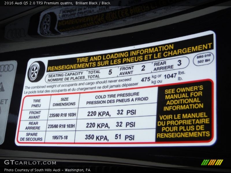 Info Tag of 2016 Q5 2.0 TFSI Premium quattro