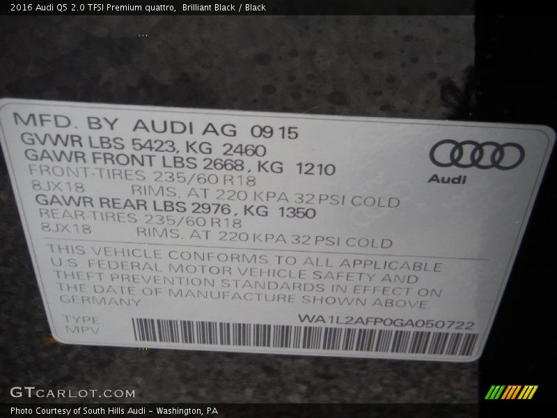 Brilliant Black / Black 2016 Audi Q5 2.0 TFSI Premium quattro