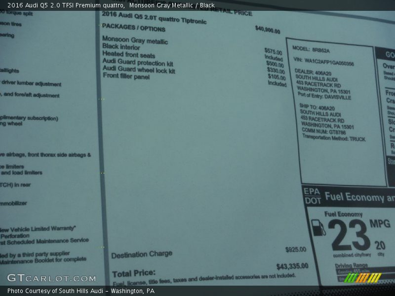 Monsoon Gray Metallic / Black 2016 Audi Q5 2.0 TFSI Premium quattro