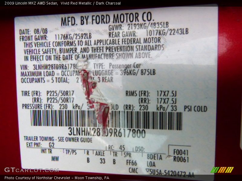 Vivid Red Metallic / Dark Charcoal 2009 Lincoln MKZ AWD Sedan