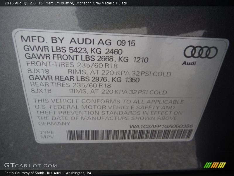 Monsoon Gray Metallic / Black 2016 Audi Q5 2.0 TFSI Premium quattro